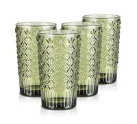 Joeyan Vintage Drinking Glasses, 400ml/14oz Embossed Highball Glass Water Tumbler with Square Candy Plaid, Colored Tall Glassware Beverages Cup Set for Water, Juice, Beer, Cocktail, Set of 4, Green