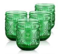 Joeyan Vintage Drinking Glasses Set of 4, 260ml/9oz Embossed Sunflower Water Glass Tumbler, Colored Heavy Duty Glassware Beverages Cups for Whisky, Cocktail, Beer, Juice, Tea, Wine, Dark Green