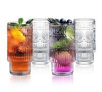 Joeyan Vintage Glassware Drinking Glasses Set of 4, 340ml Highball Glass Cups, Embossed Clear Tall Water Tumbler with Pattern for Cocktail, Beer, Whiskey, Juice, Iced Coffee Tea and Mixed Drinks