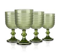 Joeyan Vintage Glassware Wine Glass Goblets Set of 4, 350ml Embossed Bead Pattern Green Wine Glasses, Stemmed Drinking Glasses for Red White Wine, Soda, Juice, Beverage