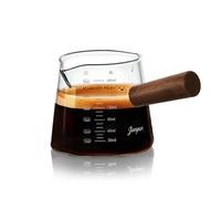 Joeyan180ml/6oz Glass Measuring Jug with Double Spouts, Small Espresso Shot Glass Measuring Cup with Wooden Handle, Clear Borosilicate Glasses Milk Creamer Frothing Pitcher Barista Coffee Carafe