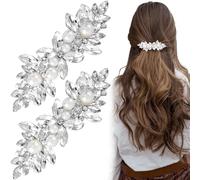 Joez Wonderful 2 Pcs Rhinestone Hair Clips, Silver Bridal Hair Accessories for Women, Sparkly Crystal Hair Pins, Fancy Flower Hair Barrettes for Wedding, Bride (Pearl)