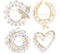 Joez Wonderful 4 Pcs Rhinestone Pearl Brooch Pins, Fashion Shirt Shawl Pin, Removable Clip Badge Corsage, Elegant No Sew Brooches Accessories for Women