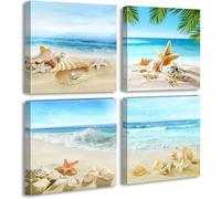 JOFANG 4PCS Beach Canvas Wall Art- Beach Seashell Starfish Bathroom Canvsa Wall Art Prints, Seaside Wall Art,Beach Room Decor-12x12in