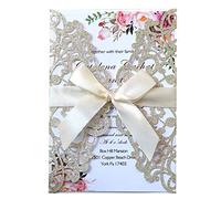 Jofanza 5X7.2 Inch 50PCS Blank Laser Cut Wedding Invitations Cards with Envelopes and Ribbons, Quinceanera Bridal Shower Engagement Sweet 16 Birthday Invite (Champagne Glitter)