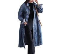 Jofemuho Womens Classic Long Jean Jacket, Plus Size, Loose, Long Sleeve, Button Down, Denim Jacket, Trench Coat, Blue, G