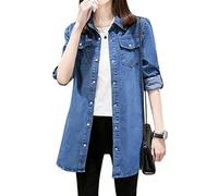 Jofemuho Womens Classic Jean Jacket Plus Size Loose Long Sleeve Button Down Denim Trench Coat, Dark Blue, L