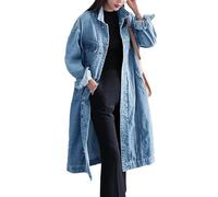 Jofemuho Womens Classic Jean Jacket Plus Size Loose Long Sleeve Button Down Denim Trench Coat, Light Blue1, L