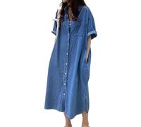 Jofemuho Women's Classic Long Plus Size Loose Long Sleeve Button Down Trench Coat Denim Jacket, W-Blue, XL