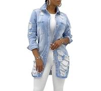 Jofemuho Women's Jean Jacket Long Sleeve Classic Distressed Tassels Denim Trucker, Sky Blue, L