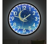 JoFomp Glow in The Dark Wall Clocks Battery Operated, 12 Inch Blue Moon Silent Wall Clock Non Ticking, LED Sound Control Light Up Wall Clock for Bedroom, Night Light Wall Clocks for Living Room Decor