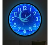 JoFomp Glow in The Dark Wall Clocks Battery Operated, 12 Inch Blue Moon Silent Wall Clock Non Ticking, LED Sound Control Light Up Wall Clock for Bedroom, Night Light Wall Clocks for Living Room Decor