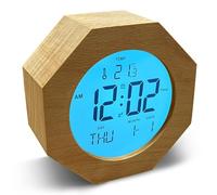 JoFomp Wooden Alarm Clock for Bedroom, 4'' LCD Nightlight Small Digital Clock Battery Operated, Loud Alarm Clock for Heavy Sleepers, Alarm Bedside Clock with Temp/Snooze/Date/W ountdown - 12/24H