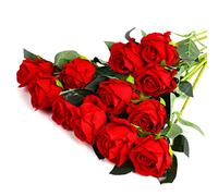 JOFONY Artificial Roses, 12PCS Champagne Silk Fake Red Rose Artificial Long Stem Silk Roses Flowers Bridal Wedding Bouquet Realistic Flower for Home Decor and Events(Red)