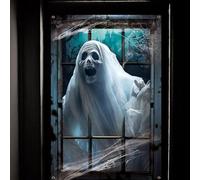 JOFONY Halloween Window Cover, 1PCS Spooky Window Clings White Cloth Ghost Haunted House Window Decor for Indoor Outdoor Door Wall Poster