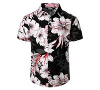 JOGAL Big Boy's Summer Floral Casual Button Down Short Sleeve Beach Hawaiian Shirt 10 Black Pink