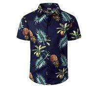 JOGAL Boys Funky Casual Short Sleeve Hawaiian Shirt Kids Floral Print Cotton Shirt NavyPineLeaf 5-6 Years