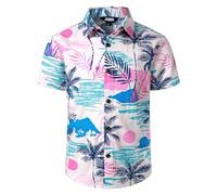 JOGAL Boys Funky Casual Short Sleeve Hawaiian Shirt Kids Floral Print Cotton Shirt Pink Blue 5-6 Years