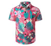 JOGAL Boys Funky Casual Short Sleeve Hawaiian Shirt Kids Floral Print Cotton Shirt Pink Cyan 13-14 Years