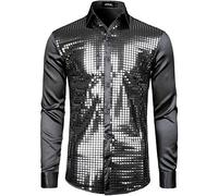 JOGAL Mens Dress Shirt Silver Sequins Long Sleeve Button Down 70s Disco Shirt Party Costume XX-Large Black