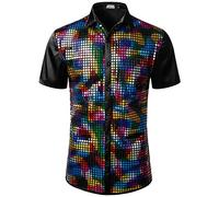 JOGAL Mens Dress Shirt Silver Sequins Short Sleeve Button Down 70s Disco Shirt Party Costume Multicolor Large