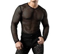 JOGAL Mens Fishnet Mesh Long Sleeve Shirt Fitted Muscle Top | See-Through, Sexy, Goth, Metal, 90s Retro, Androgynous, Slim Fit, Nightclub, Party, Music Festival, Performance