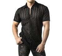 JOGAL Mens Floral Lace Shirt See Through Short Sleeve Casual Button Down Shirts Black Wave Small