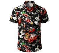 JOGAL Mens Fun Hawaiian Christmas Santa Claus Print Shirts Short Sleeve Casual Button Down Shirts BlackSpace Small