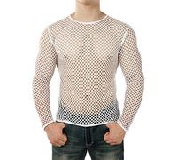 JOGAL Men's Mesh Fishnet Fitted Muscle Top (M, [Long Sleeve] White)