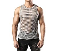 JOGAL Men's Mesh Fishnet Fitted Muscle Top T Shirts Grey Medium
