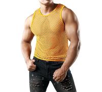 JOGAL Men's Mesh Fishnet Fitted Muscle Top T Shirts Orange X-Large
