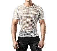 JOGAL Men's Mesh Fishnet Fitted Muscle Top X-Large White UK-WG02
