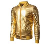 JOGAL Mens Metallic Nightclub Styles Zip Up Varsity Baseball Bomber Jacket Costume Medium A300 Gold