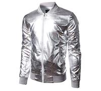 JOGAL Mens Metallic Nightclub Styles Zip Up Varsity Baseball Bomber Jacket Costume Medium A300 Silver