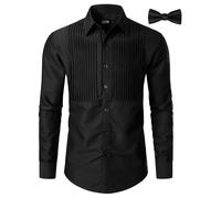 JOGAL Men's Pleated Tuxedo Shirt Waffle Button Down Long Sleeve Formal Dress Shirts with Bow Tie Black XX-Large