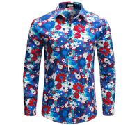 JOGAL Mens Regular fit Floral Dress Shirt Long Sleeve Printed Casual Button Down Shirts Blue Red XX-Large
