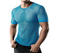 JOGAL Men's Short Sleeve Mesh Fishnet Fitted Muscle Top Ocean Blue X-Large