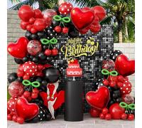 JOGAMS 170Pcs Betty Party Decorations,Red and Black Party Decorations with Confetti Red Heart Foil Polka Dot Green 260 Long Balloons for Bachelorette Birthday Baby Shower Vintage Retro Party
