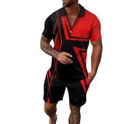 Jogging Complete Men's Male Casual Striped Gradient Ramp Print Two Piece Zip Short Sleeve Top Blouse Drawstring Bag Short Set Men's Vest Black, red, XXL