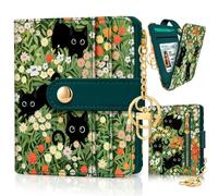 Jogjam Rfid Women Wallet, Small Slim Thin Credit Card Wallet, PU Leather Bifold Cash Zipper Coin Pocket ID Window, for Female Ladies Teen Girls Girly Gifts, Black Cat Floral, S, Modern