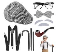 Jognee 20s Costume Men's Accessories Mafia Costume Men's Gatsby Accessories Old Man Costume Set with Hat, Adjustable Elastic Braces, Glasses, Crutches, Bow Tie, Beards, Pocket Watch