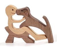 Jognee Handmade Wooden Statue, Puppy Wooden Carving Ornaments, Heart-warming Gift for Dog Lover, Craft Figurine Wood Small Decorations for Home,Office,Living Room (A - Men+dog)