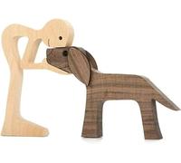 Jognee Handmade Wooden Statue, Puppy Wooden Carving Ornaments, Heart-warming Gift for Dog Lover, Craft Figurine Wood Small Decorations for Home,Office,Living Room (C - Men+dog)