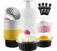 Jogoico Mini Loaf Cake Cases 60PCS Mini Loaf Tins with Lids Spoons 150ml Round Aluminum Foil Baking Pans Reusable Cupcake Cases for Bread Cake Wedding Birthday Picnic