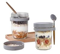 Jogoico Overnight Oats Jars 2Pack Overnight Oats Containers with Lid & Spoon, 12 oz Large Capacity Airtight Jars with Measurement Mark, Glass Mason Jars for Oatmeal Cereal Milk Fruit Chia Yogurt- Gray