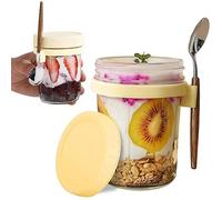 Jogoico Overnight Oats Jars 2pcs Overnight Oats Containers with Lid & Spoon, 12 oz Large Capacity Airtight Jars with Measurement Mark, Glass Mason Jars for Oatmeal Cereal Milk Fruit - Yellow