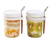 Jogoico Overnight Oats Jars 2pcs Overnight Oats Containers with Lid & Spoon, 12 oz Large Capacity Airtight Jars with Measurement Mark, Glass Mason Jars for Oatmeal Cereal Milk Fruit - White