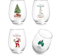Jogskeor Merry Christmas Wine Glasses Set of 4, Santa Tree Stemless Wine Glasses, Wonderful Holiday Christmas Gifts for Women Men Dad Mom Grandpa Grandma Sisters Friends, 15Oz