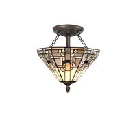 Johanna 2 Light Semi-Flush Ceiling Light - Aged Antique Brass with White, Grey, Black and Clear Crystal Tiffany Glass Uplighter Shade