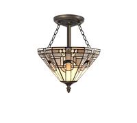 Johanna 3 Light Semi-Flush Ceiling Light - Aged Antique Brass with White, Grey, Black and Clear Crystal Tiffany Glass Uplighter Shade